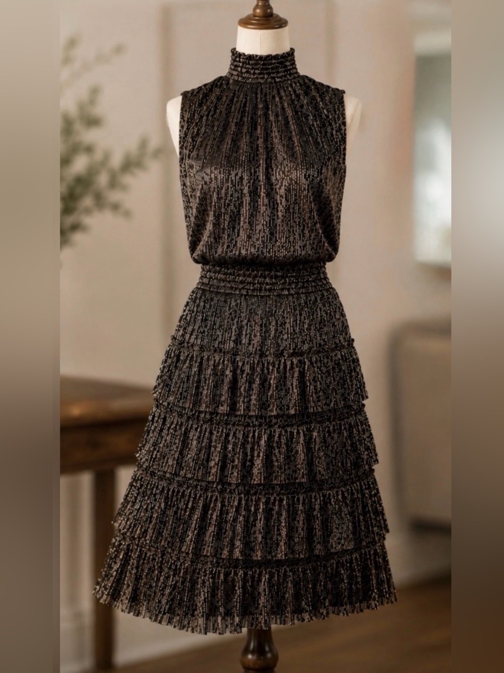 MSK Metallic Midi Dress Bronze Silver Shimmer High Neck Sleeveless Tiered Medium